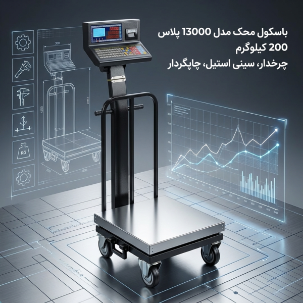 باسکول دیجیتال محک مدل 13000 پلاس – ظرفیت 200 کیلوگرم | چرخدار، سینی استیل، چاپگر‌دار